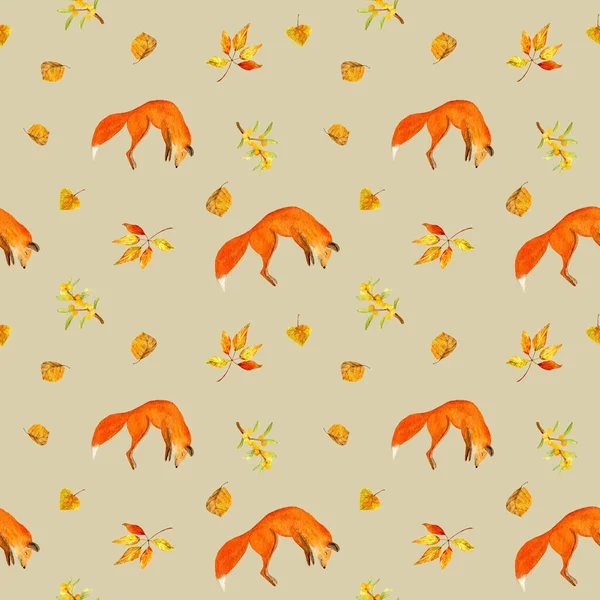 Modello senza cuciture autunno di Fox e foglie d'oro su uno sfondo beige — Foto Stock