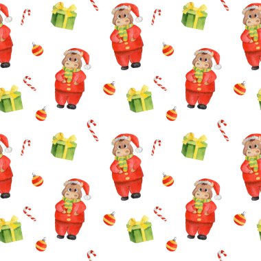 Beyaz arka planda suluboya kusursuz yeni yıl desenli boğa