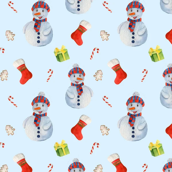 Acquerello senza soluzione di continuità modello di Natale pupazzo di neve, regalo e lecca-lecca — Foto Stock