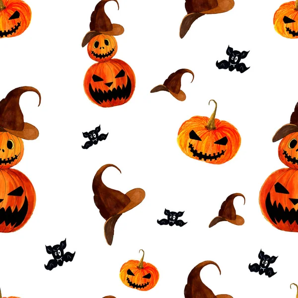 Aquarell Halloween Muster furchterregend Jack Kürbis, Fledermaus auf weißem Hintergrund — Stockfoto