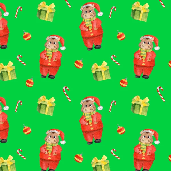 Suluboya desenli yeni yıllar zarif boğa hediyeleri ve tatlılar.