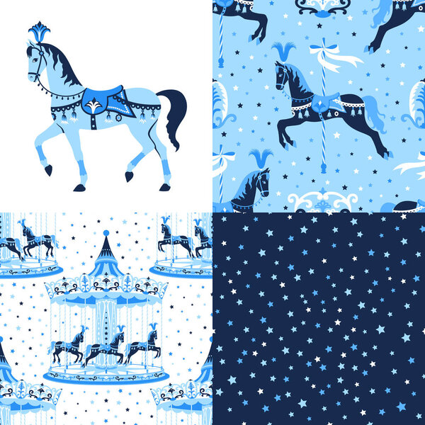 Blue set of carousel seamless patterns