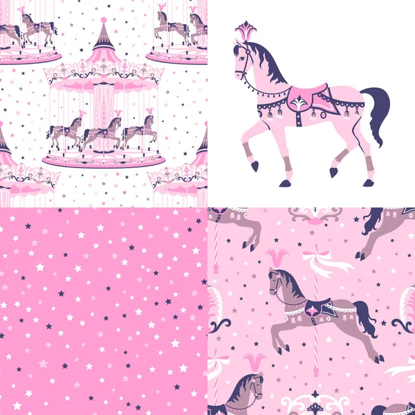 Pink set of carousel seamless patterns.