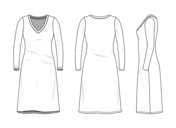 Blank Clothing Templates Women Long Sleeve Neck Nightwear Dress Front — Stock Vector