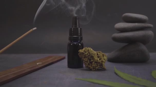 Üvegpalack Cbd Olajjal Kenderlevéllel Fekete Alapon Szerves Természetes Kenderalapú Kozmetikai — Stock videók