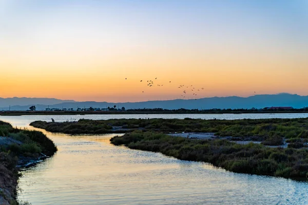 Pôr Sol Sobre Baía Terras Húmidas Fundo Relaxante Paisagem Colorida — Fotografia de Stock