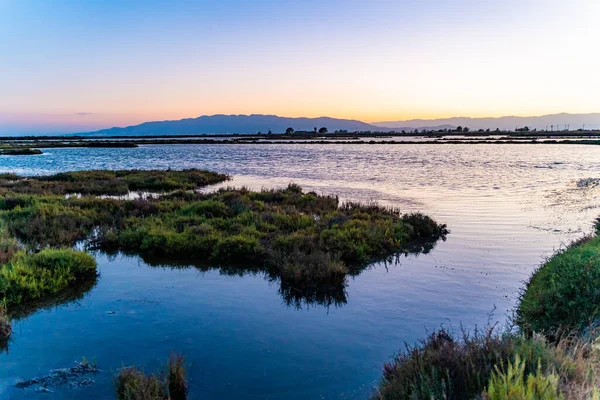 Solnedgång Över Bukten Våtmarker Avkopplande Bakgrund Fantastiskt Färgglatt Landskap Ebro — Stockfoto