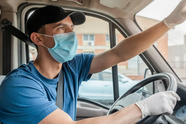 Coronavirus Entregar Hombre Con Máscara Protectora Guantes Goma Hacen Que — Foto de Stock