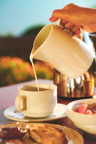 Increíble Mesa Desayuno Naturaleza Durante Día Soleado Con Hermosas Vistas — Foto de Stock