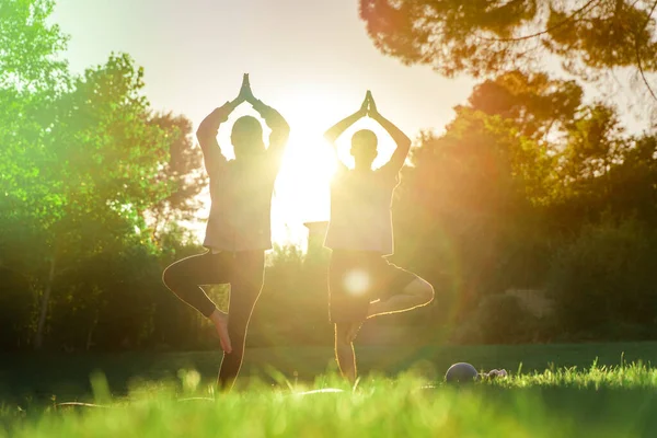 Unge Par Laver Yoga Morgenen Deres Have Med Sollys Lotus - Stock-foto