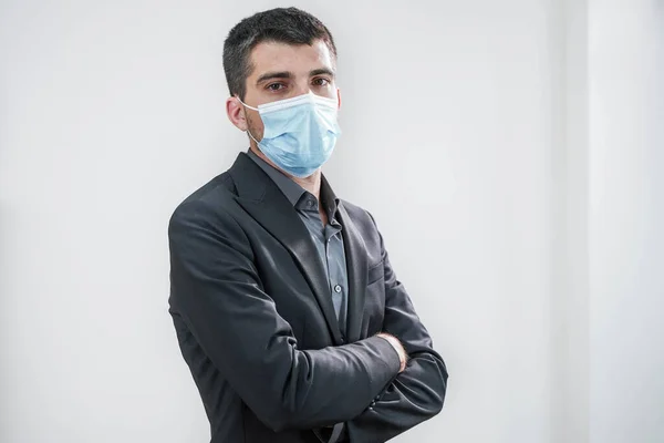 Coronavirus Business Man Portrait Wearing Protective Mask White Background Confident — Stock Photo, Image