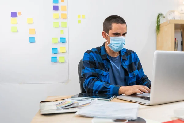 Casual Business Man Startup Office Working Laptop Face Mask Because — Stock Photo, Image