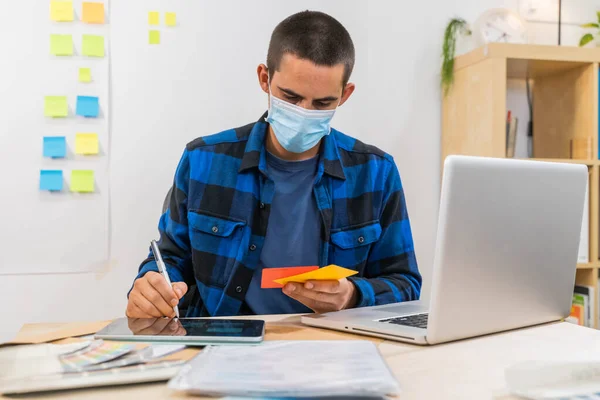 Casual Business Man Startup Office Working Laptop Face Mask Because — Stock Photo, Image