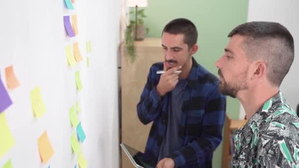 Dva Podnikatelé Diskutují Plánují Koncepci Kolegové Kreativní Design Strategická Kancelář — Stock video