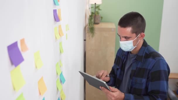 Jonge Startup Werknemer Met Coronavirus Gezichtsmasker Planning Voorkant Van Muur — Stockvideo