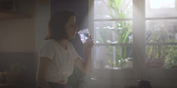 Młoda Kobieta Pijąca Czystą Wodę Kobieca Sylwetka Przezroczystym Szkłem Dłoni — Wideo stockowe