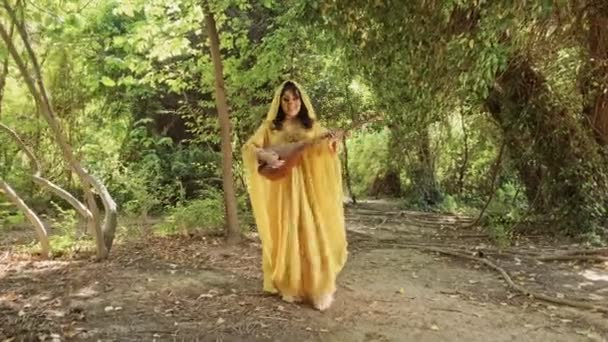 Mooie Arabische stijl in etnische gele kleding, speelt etno muziekinstrument — Stockvideo