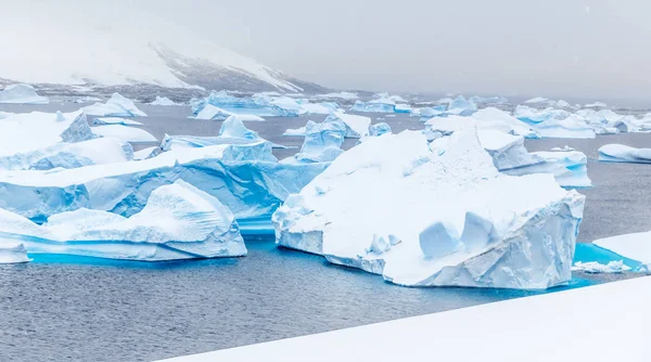 Cold Still Waters Antarctic Sea Lagoon Drifting Huge Blue Icebergs — Stock Photo, Image