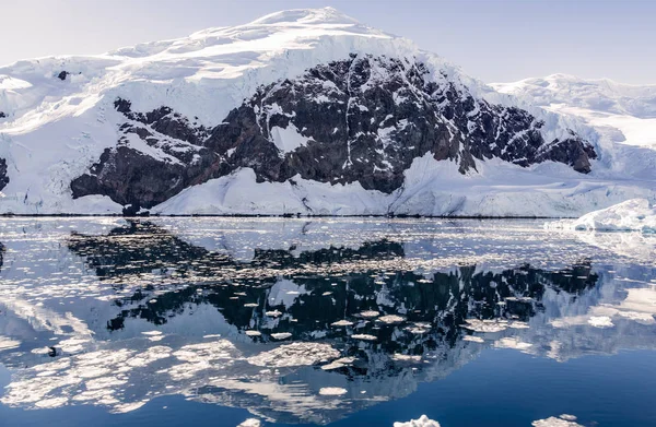 Monte Nevado Pico Geleira Refletida Nas Águas Antárticas Baía Neco — Fotografia de Stock