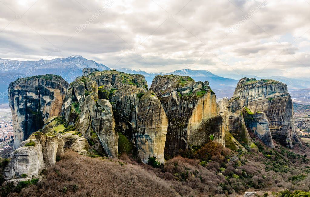 Rocks and cliffs of Meteora sandstone formation, Kalampaka, Trikala, Thessaly, Greece