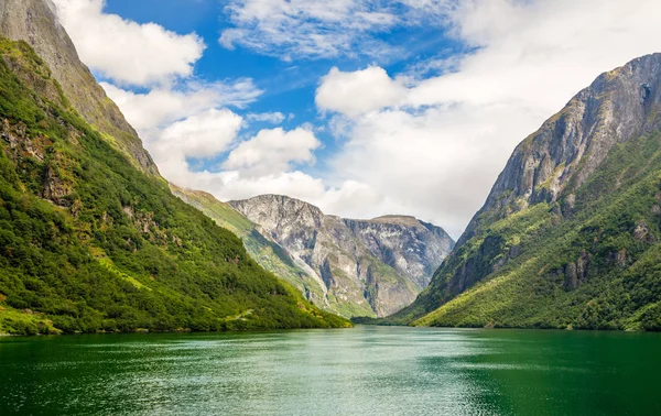 Groene berg muren langs de smalle Naeroy fjord, Aurlan, Sogn og — Stockfoto