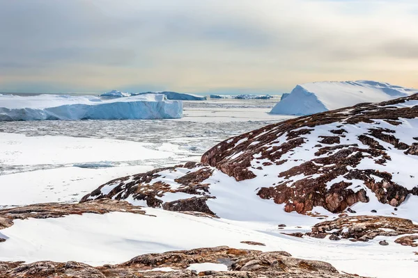 Ijsvelden Drijvende Ijsbergen Met Rotsen Voorgrond Het Ilulissat Fjord Noord — Stockfoto