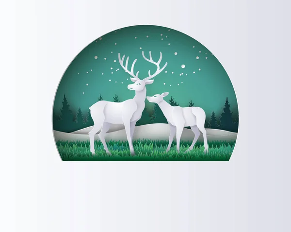 Cervo Nella Foresta Con Neve Nella Stagione Invernale Stile Arte — Vettoriale Stock