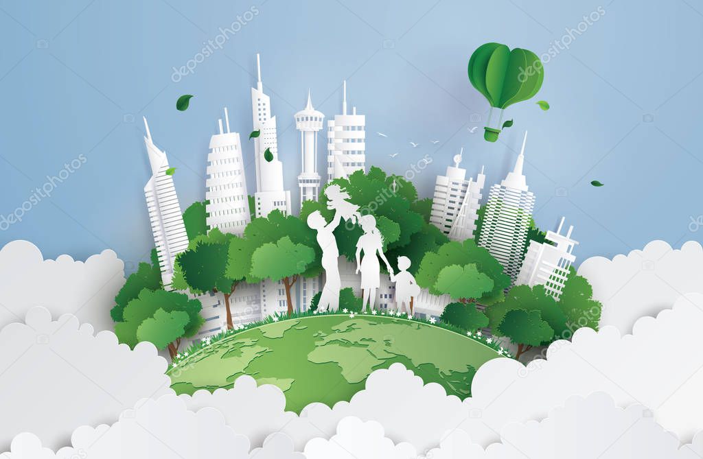 Concept of green city with family,paper art and digital craft style.