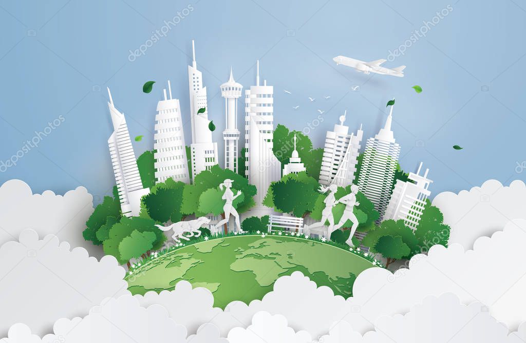 Illustration of eco concept,green city on the sky, Paper art and digital craft style.
