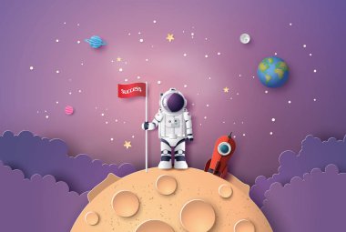 Astronaut with Flag on the moon, Paper art and digital craft style. clipart