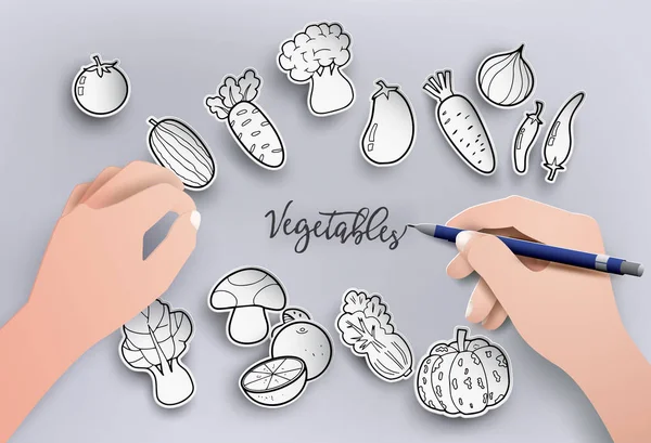 Papierschnitt Und Freihändiges Zeichnen Von Gemüse — Stockvektor