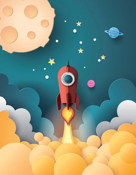 Utrymme Rocket Launch Och Galaxy Paper Konststil — Stock vektor