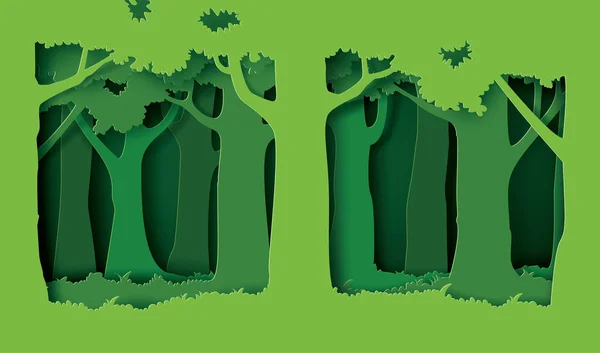 Wald Mit Bäumen Und Gras Papierkunststil — Stockvektor