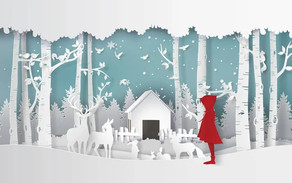Zimní Sezóna Dívka Červeném Kabátě Zvířata Džungli Papírové Umění Řemesel — Stockový vektor