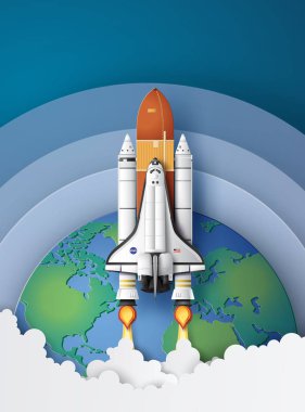  iş kavramı uzay mekiği fırlatma gökyüzüne, sanat ve el sanatları tarzı kağıt.