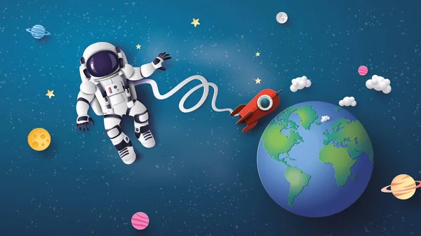 Astronauta Che Galleggia Nella Stratosfera Carta Arte Stile Artigianale — Vettoriale Stock