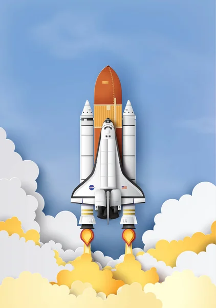 ビジネス コンセプトのスペースシャトルの打ち上げ 空に紙のアートや工芸品のスタイル — ストックベクタ