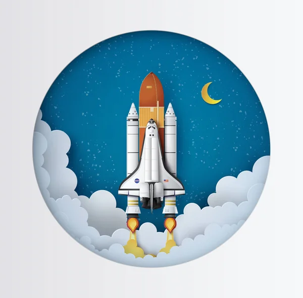 Concetto Business Space Shuttle Lancio Verso Cielo Carta Arte Stile — Vettoriale Stock