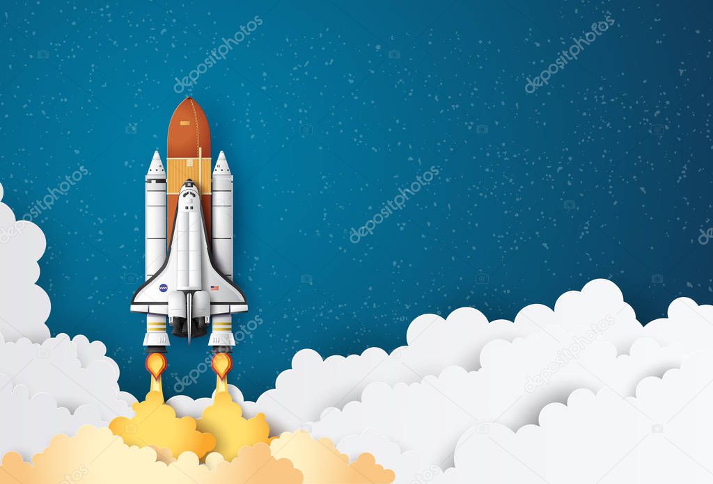  business concept space shuttle launch to the sky , Paper art and craft style.