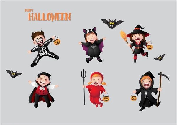 Bonne Fête Halloween Avec Des Enfants Groupe Costumes Halloween — Image vectorielle