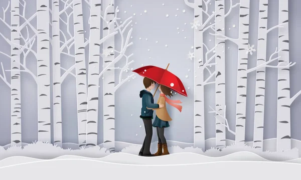 爱情与冬季的例证 恋人们在森林里拥抱着雪 造纸艺术与工艺风格 — 图库矢量图片