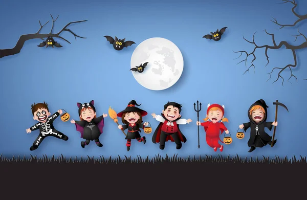 Bonne Fête Halloween Avec Des Enfants Groupe Costumes Halloween Illustration — Image vectorielle