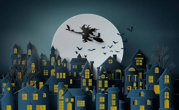 Paper Art Nál Boldog Halloween Boszorkány Lovaglás Egy Seprűt Repül — Stock Vector