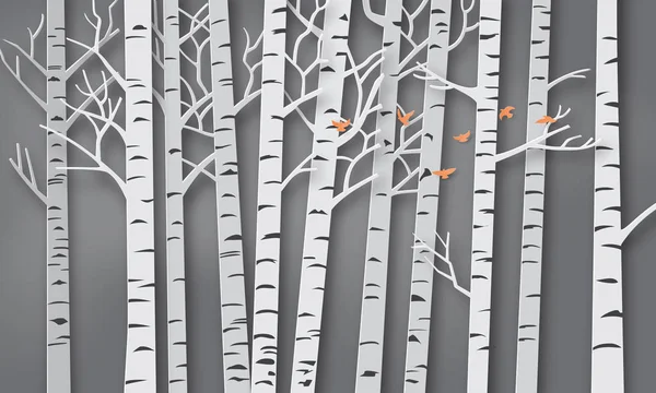 Illustration Winter Season Bird Flying Forest Paper Art Craft Style — Stock Vector