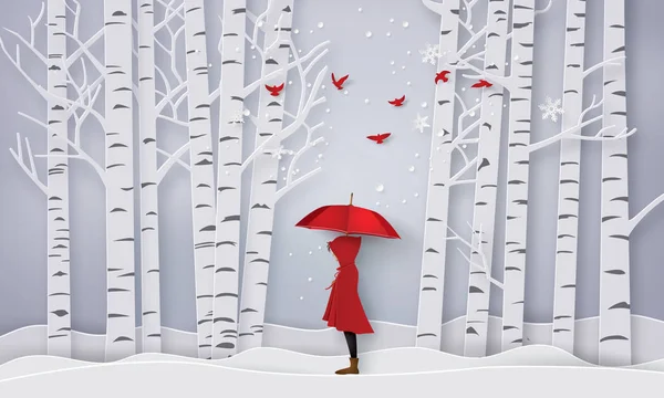 Σαιζόν Ανοιχτό Κόκκινο Κορίτσι Μια Ομπρέλα Χαρτί Τέχνη Και Τέχνη — Διανυσματικό Αρχείο