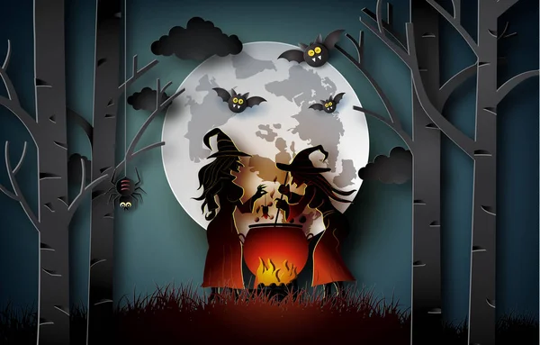 Arte Papel Feliz Halloween Brujas Cocinan Caldera Grande Bosque — Vector de stock