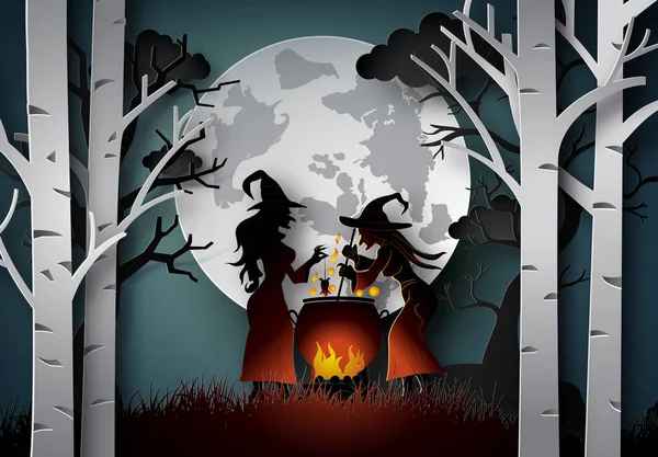 Papírové Umění Šťastný Halloween Čarodějnice Vařit Velkém Kotli Lese — Stockový vektor