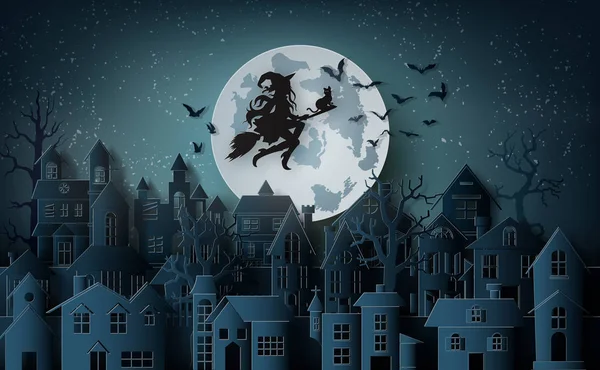 Paper Art Nál Boldog Halloween Boszorkány Lovaglás Egy Seprűt Repül — Stock Vector