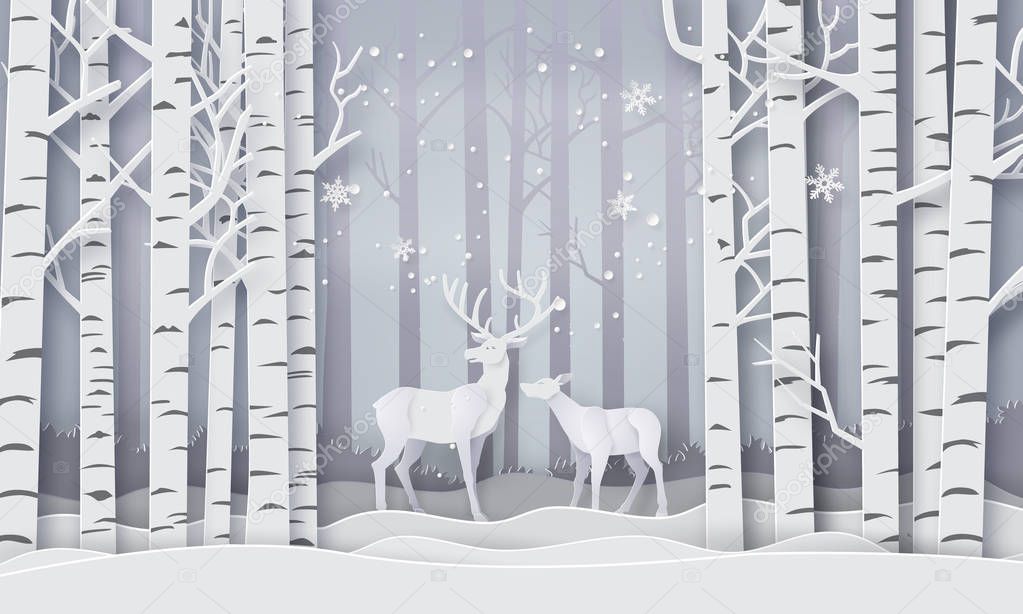 Deer in forest with snow.vector paper art style.