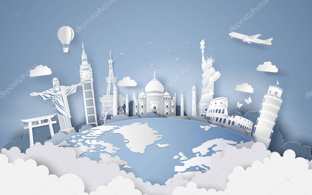 Illustration of world tourism day, Paper art style.